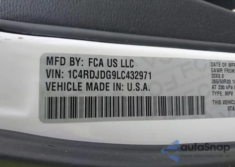 2020 Dodge Durango Gt Plus Awd z USA, uszkodzony, nr VIN 1C4RDJDG9LC432971